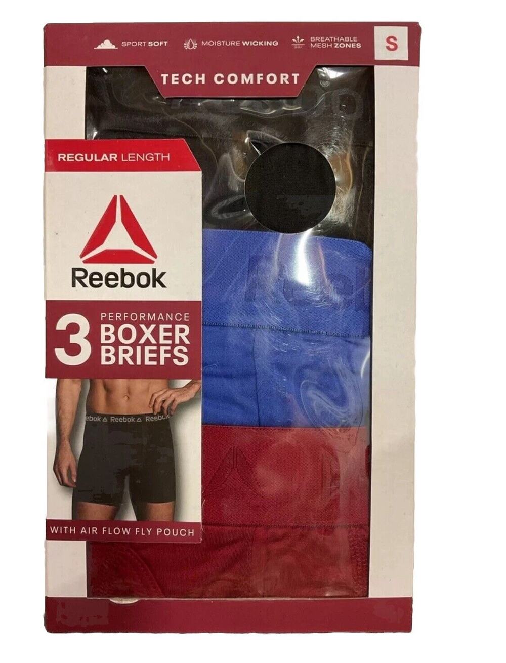 Mens Reebok Tech Comfort Reg Length Boxer Briefs Air Flow Pouch 3 Pack Size Sm